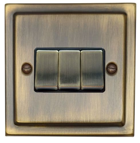 G&H TAB303 Trimline Plate Antique Brass 3 Gang 1 or 2 Way Rocker Light Switch