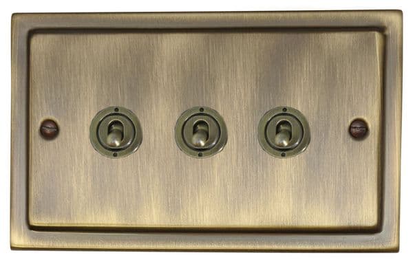 G&H TAB383-AB Trimline Plate Antique Brass 3 Gang 1 or 2 Way Toggle Light Switch