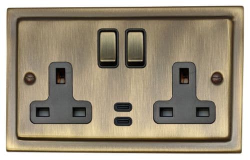 G&H TAB3913 Trimline Plate Antique Brass 2 Gang Double 13A Plug Socket Dual 4.2A USB C