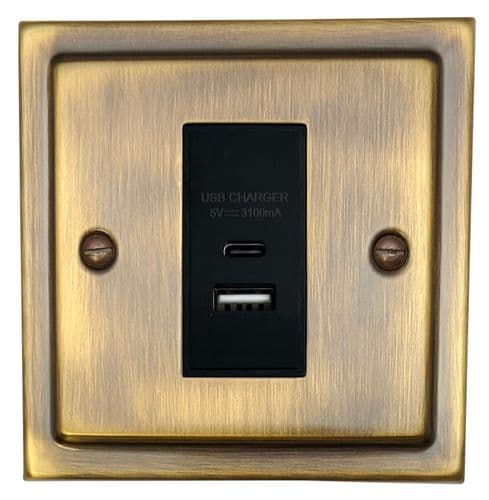 G&H TAB41B Trimline Plate Antique Brass 1 Gang USB Charger 3.1A Dual USB A + C