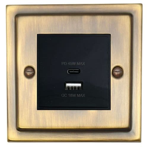 G&H TAB43B Trimline Plate Antique Brass 1 Gang USB Quick Charge 45W Dual USB A + C