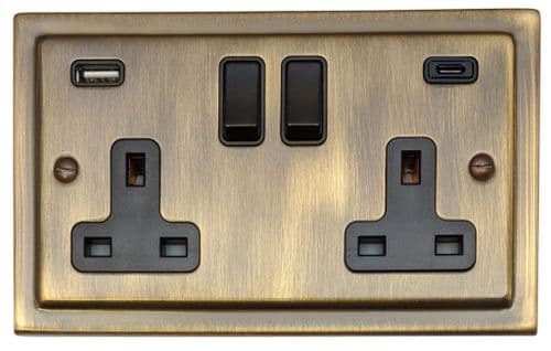 G&H TAB911B Trimline Plate Antique Brass 2 Gang Double 13A Plug Socket 3.1A USB A + C