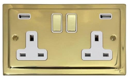 G&H TB2910 Trimline Plate Polished Brass 2 Gang Double 13A Plug Socket 2.1A USB