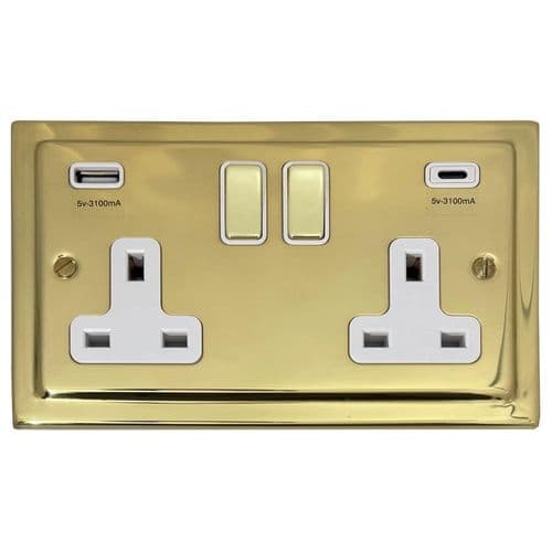 G&H TB2911 Trimline Plate Polished Brass 2 Gang Double 13A Plug Socket 3.1A USB A + C