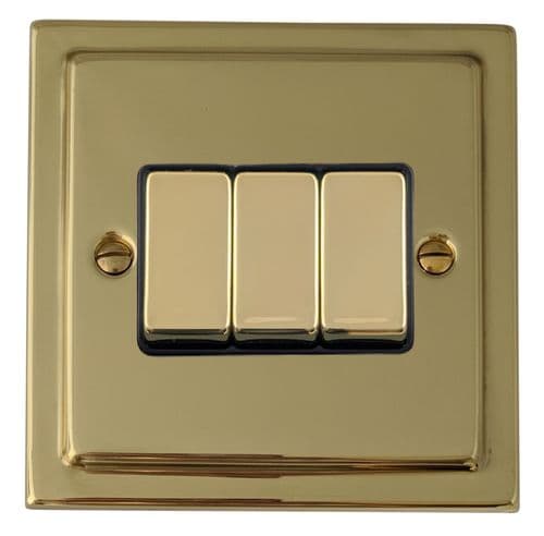 G&H TB303 Trimline Plate Polished Brass 3 Gang 1 or 2 Way Rocker Light Switch