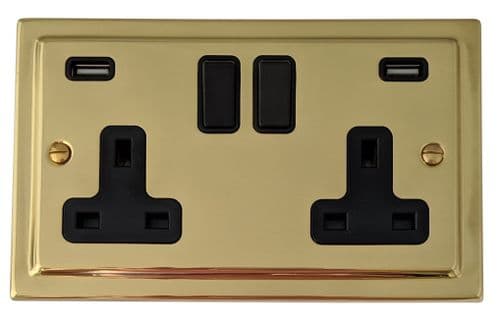 G&H TB910B Trimline Plate Polished Brass 2 Gang Double 13A Switched Plug Socket 2.1A USB