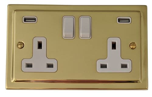 G&H TB910W Trimline Plate Polished Brass 2 Gang Double 13A Switched Plug Socket 2.1A USB