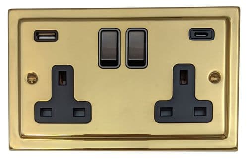G&H TB911B Trimline Plate Polished Brass 2 Gang Double 13A Plug Socket 3.1A USB A + C