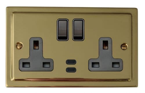 G&H TB913B Trimline Plate Polished Brass 2 Gang Double 13A Plug Socket Dual 4.2A USB C