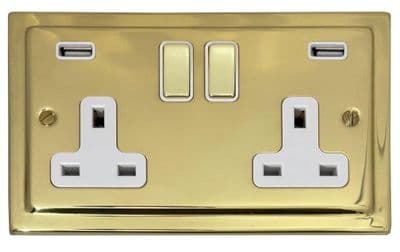 G&H TBUL2910 Trimline Plate Unlacquered Polished Brass 2 Gang Double 13A Plug Socket 2.1A USB