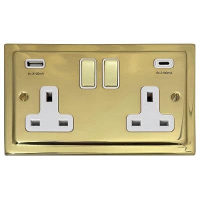G&H TBUL2911 Trimline Plate Unlacquered Polished Brass 2 Gang Double 13A Plug Socket 3.1A USB A + C