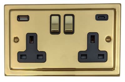 G&H TBUL3911 Trimline Plate Unlacquered Polished Brass 2 Gang Double 13A Plug Socket 3.1A USB A + C