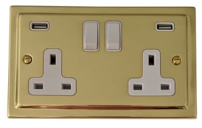 G&H TBUL910W Trimline Plate Unlacquered Polished Brass Double 13A Switched Plug Socket 2.1A USB