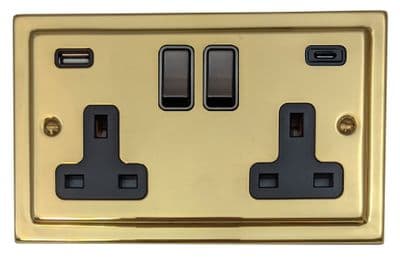 G&H TBUL911B Trimline Plate Unlacquered Polished Brass 2 Gang Double 13A Plug Socket 3.1A USB A + C
