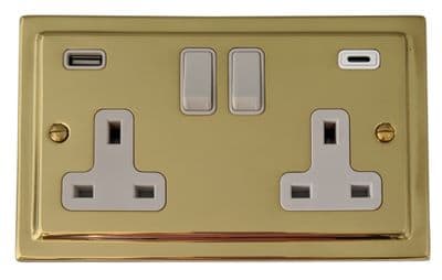 G&H TBUL911W Trimline Plate Unlacquered Polished Brass 2 Gang Double 13A Plug Socket 3.1A USB A + C