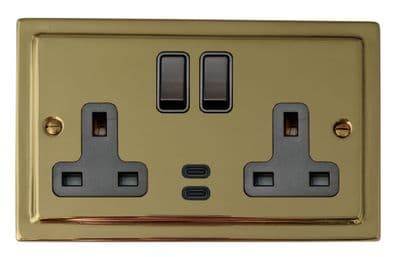 G&H TBUL913B Trimline Plate Unlacquered Polished Brass 2 Gang Double 13A Plug Socket Dual 4.2A USB C