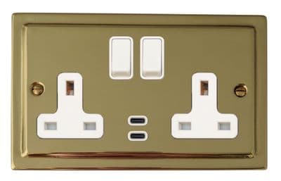 G&H TBUL913W Trimline Plate Unlacquered Polished Brass 2 Gang Double 13A Plug Socket Dual 4.2A USB C