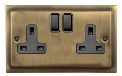 G&H TLAB10B Trimline Plate Light Antique Brass 2 Gang Double 13A Switched Plug Socket