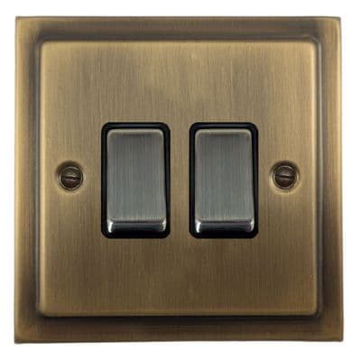 G&H TLAB302 Trimline Plate Light Antique Brass 2 Gang 1 or 2 Way Rocker Light Switch