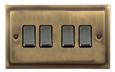 G&H TLAB304 Trimline Plate Light Antique Brass 4 Gang 1 or 2 Way Rocker Light Switch