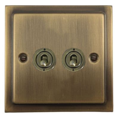 G&H TLAB382-AB Trimline Plate Light Antique Brass 2 Gang 1 or 2 Way Toggle Light Switch