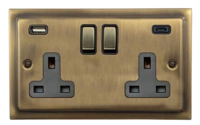 G&H TLAB3911 Trimline Plate Light Antique Brass 2 Gang Double 13A Plug Socket 3.1A USB A + C