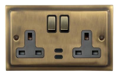 G&H TLAB3913 Trimline Plate Light Antique Brass 2 Gang Double 13A Plug Socket Dual 4.2A USB C