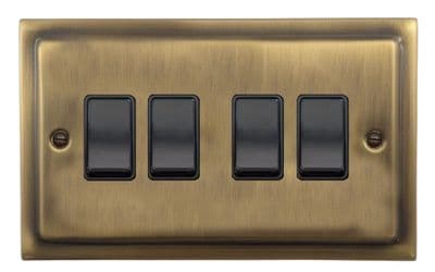 G&H TLAB4B Trimline Plate Light Antique Brass 4 Gang 1 or 2 Way Rocker Light Switch