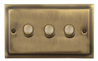 G&H TLAB523 Trimline Plate Light Antique Brass 3 Gang 1 or 2 Way LED Dimmer Switch