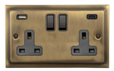 G&H TLAB911B Trimline Plate Light Antique Brass 2 Gang Double 13A Plug Socket 3.1A USB A + C