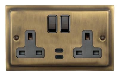 G&H TLAB913B Trimline Plate Light Antique Brass 2 Gang Double 13A Plug Socket Dual 4.2A USB C