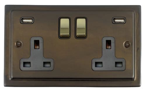 G&H TMBZ3910-PB Trimline Plate Medium Bronze 2 Gang Double 13A Switched Plug Socket 2.1A USB