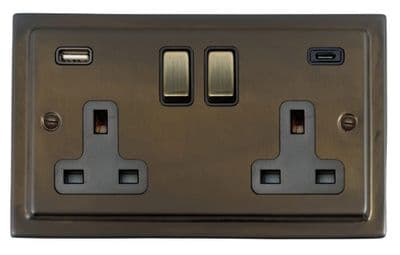 G&H TMBZ3911-AB Trimline Plate Medium Bronze 2 Gang Double 13A Plug Socket 3.1A USB A + C