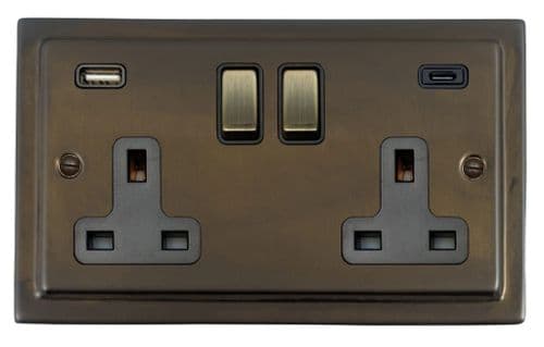 G&H TMBZ3911-AB Trimline Plate Medium Bronze 2 Gang Double 13A Plug Socket 3.1A USB A + C