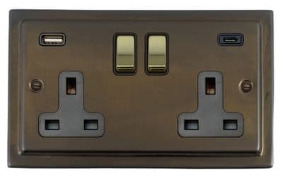 G&H TMBZ3911-PB Trimline Plate Medium Bronze 2 Gang Double 13A Plug Socket 3.1A USB A + C