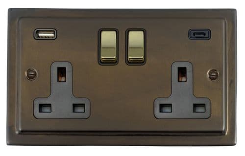 G&H TMBZ3911-PB Trimline Plate Medium Bronze 2 Gang Double 13A Plug Socket 3.1A USB A + C