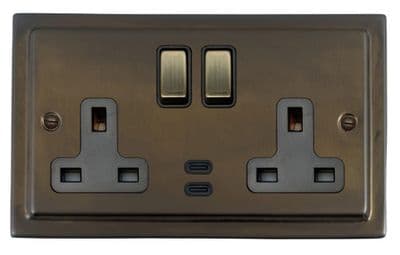 G&H TMBZ3913-AB Trimline Plate Medium Bronze 2 Gang Double 13A Plug Socket Dual 4.2A USB C