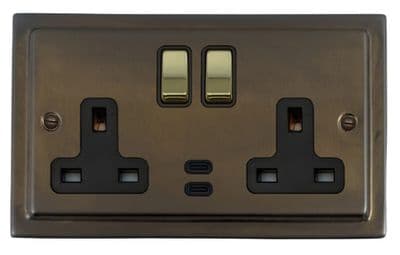 G&H TMBZ3913-PB Trimline Plate Medium Bronze 2 Gang Double 13A Plug Socket Dual 4.2A USB C