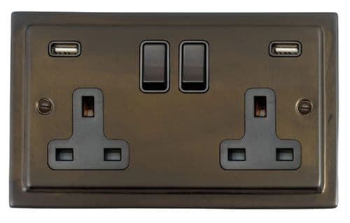 G&H TMBZ910B Trimline Plate Medium Bronze 2 Gang Double 13A Switched Plug Socket 2.1A USB