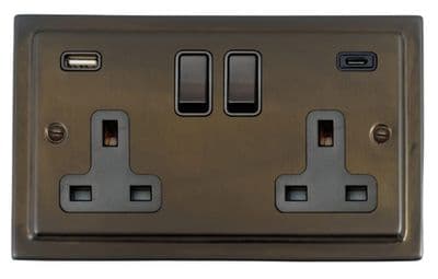 G&H TMBZ911B Trimline Plate Medium Bronze 2 Gang Double 13A Plug Socket 3.1A USB A + C