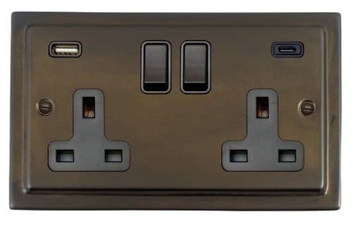 G&H TMBZ911B Trimline Plate Medium Bronze 2 Gang Double 13A Plug Socket 3.1A USB A + C