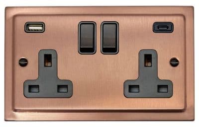 G&H TRG911B Trimline Plate Rose Gold 2 Gang Double 13A Plug Socket 3.1A USB A + C