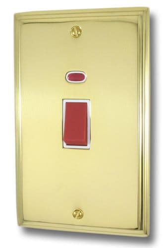 G&H VB28W Victorian Plate Polished Brass 45 Amp DP Cooker Switch & Neon Vertical Plate