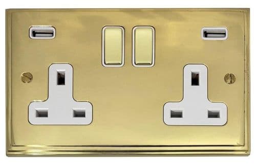 G&H VB2910 Victorian Plate Polished Brass 2 Gang Double 13A Switched Plug Socket 2.1A USB