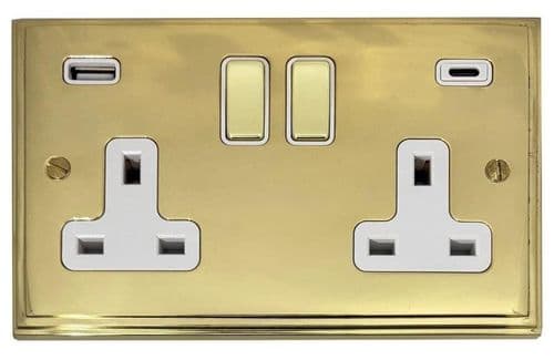 G&H VB2911 Victorian Plate Polished Brass 2 Gang Double 13A Plug Socket 3.1A USB A + C