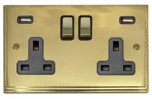 G&H VB3910 Victorian Plate Polished Brass 2 Gang Double 13A Switched Plug Socket 2.1A USB