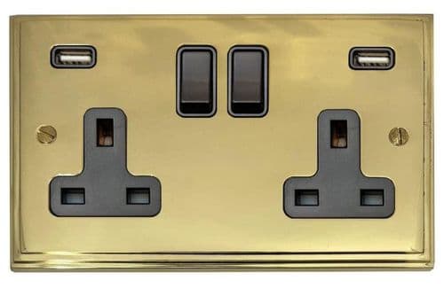 G&H VB910B Victorian Plate Polished Brass 2 Gang Double 13A Switched Plug Socket 2.1A USB