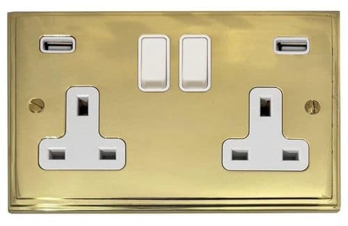 G&H VB910W Victorian Plate Polished Brass 2 Gang Double 13A Switched Plug Socket 2.1A USB