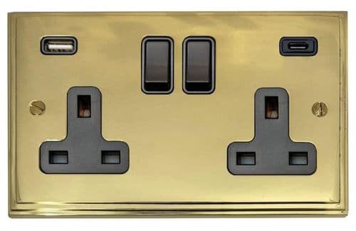 G&H VB911B Victorian Plate Polished Brass 2 Gang Double 13A Plug Socket 3.1A USB A + C