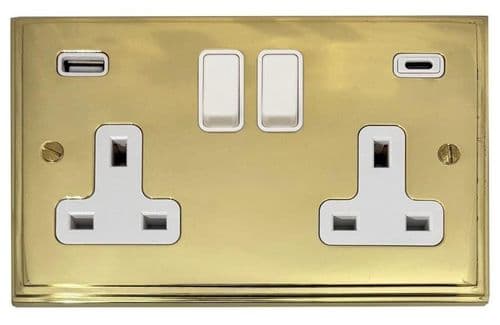G&H VB911W Victorian Plate Polished Brass 2 Gang Double 13A Plug Socket 3.1A USB A + C